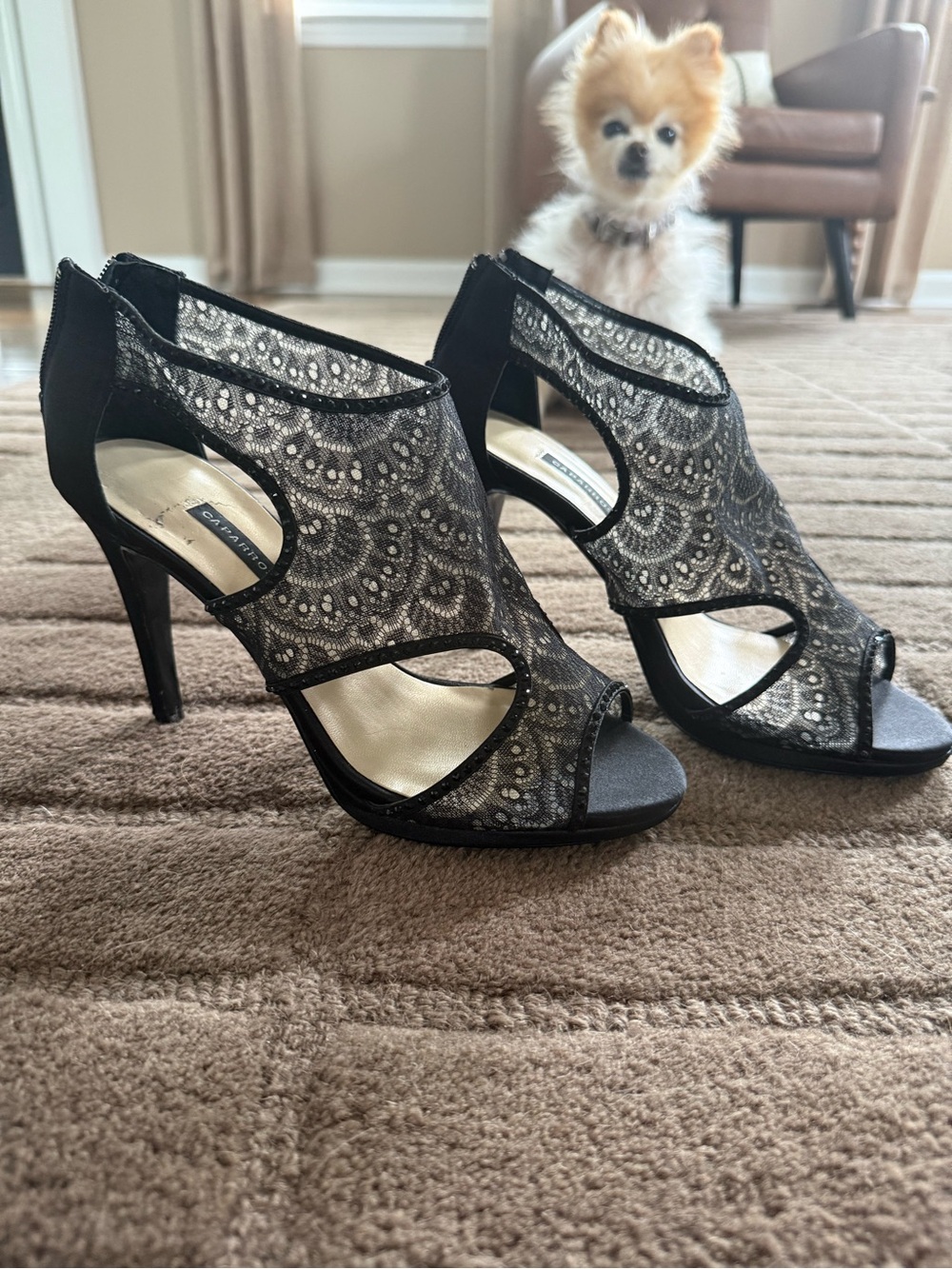 Caparros Black Lace Open-Toe Heels